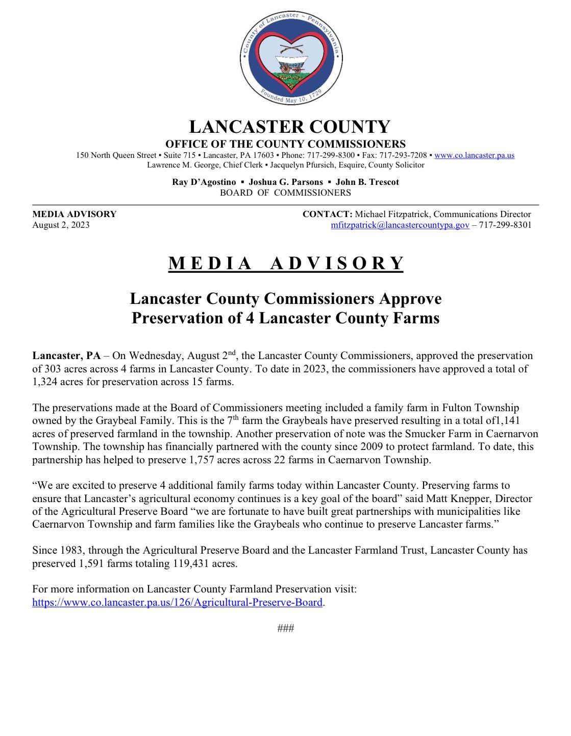 Media Advisory - Farm Preservation 8-2