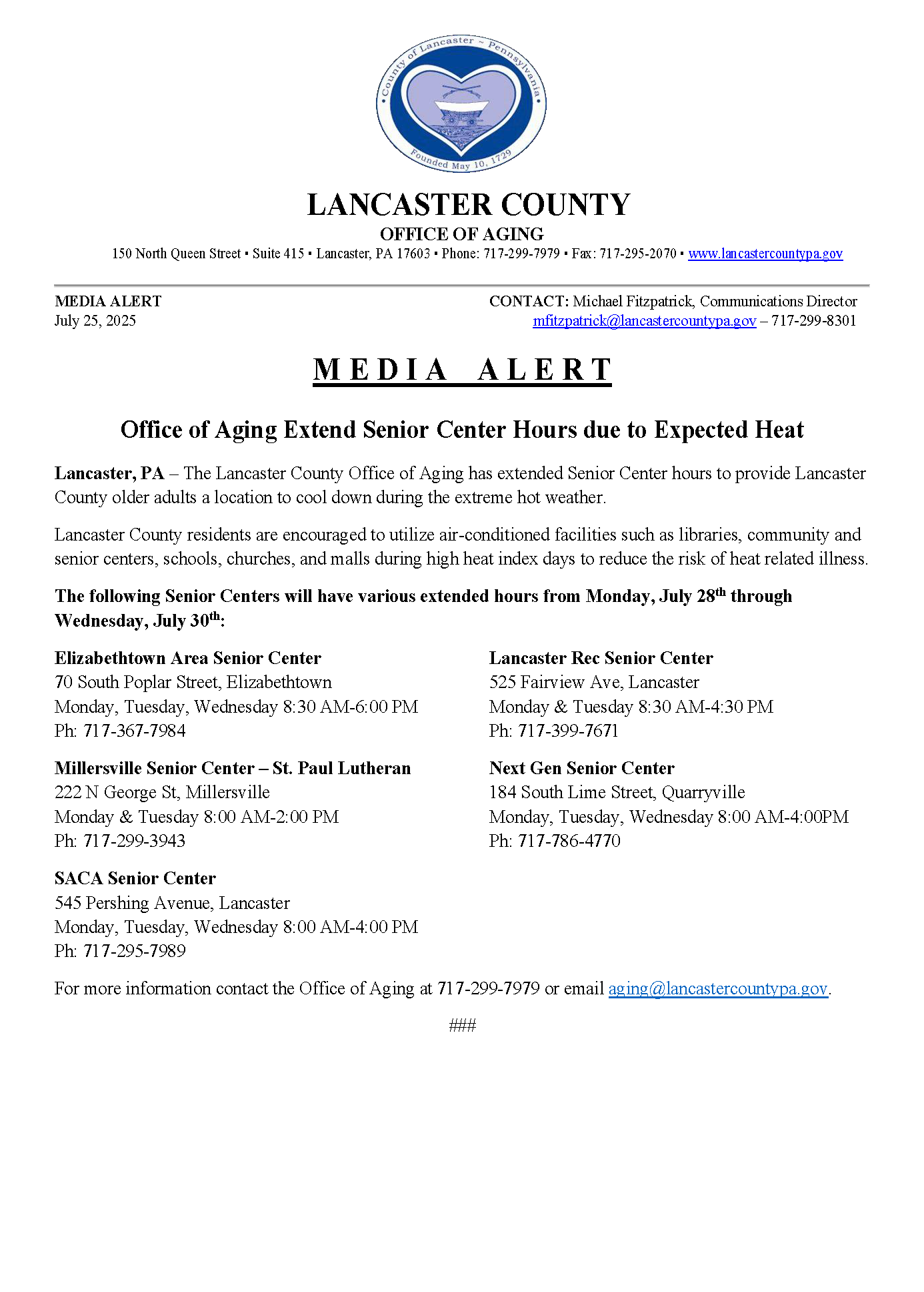 Media Alert - Extended Senior Center Hours - July 2025
