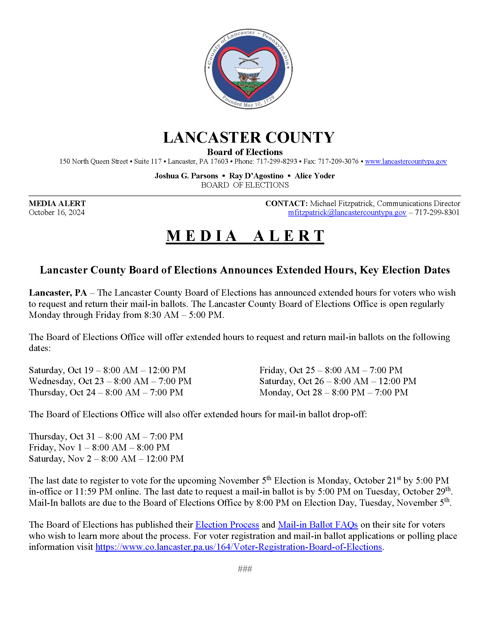 Media Advisory - Extended Hours Fall 2024